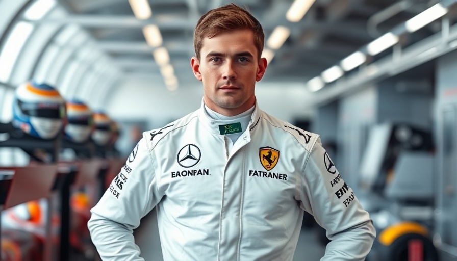 Formula One reserve driver in white suit, racing garage.