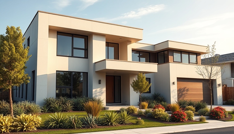 Modern house facade with landscaping; House of Material and Character.