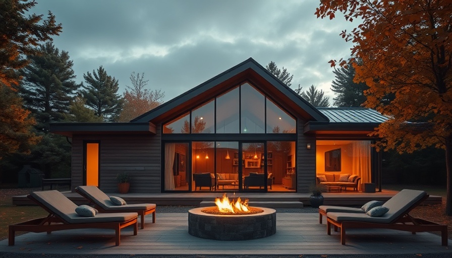 Modern Red Cedar Lake House at dusk with warm lighting and patio.