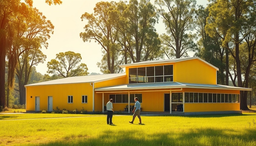 Bright yellow jackfruit processing unit in lush landscape, community hub.