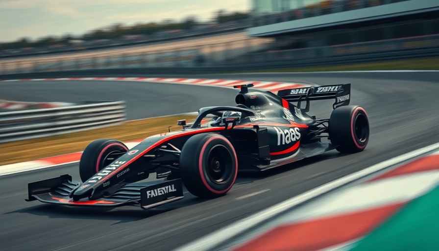 Haas Formula One car speeding on track with vibrant curbs, highlighting tariffs impact
