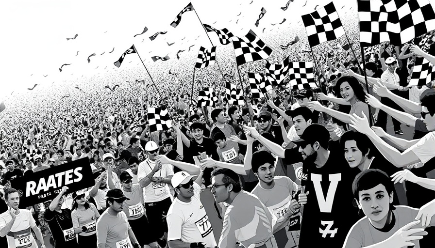 Stylized crowd with flags at a race in black and white.
