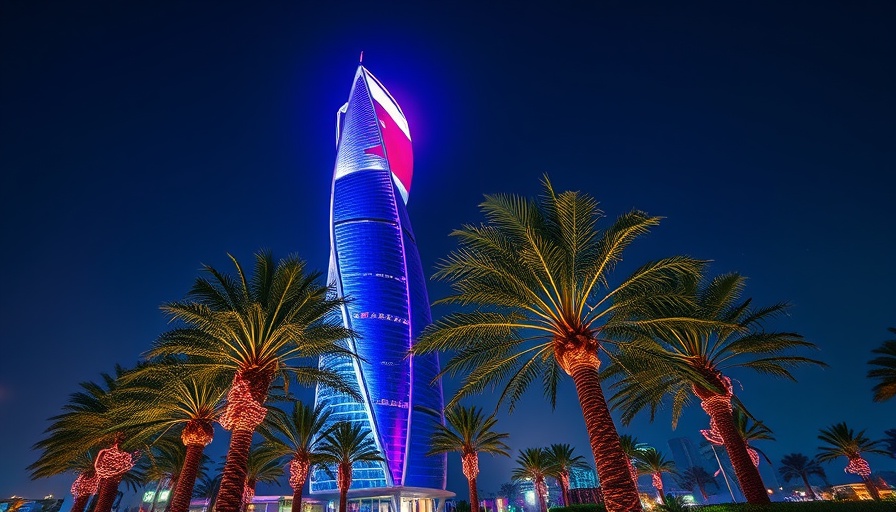 Nighttime view of illuminated Bahrain tower; F1 power dynamics scene.