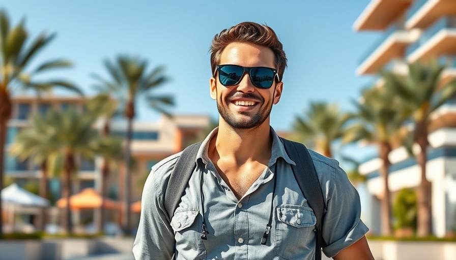 Man smiling and walking outdoors, near F1 racing event.