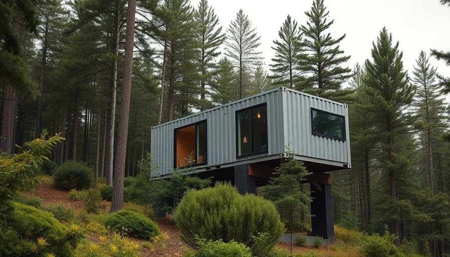 Sustainable shipping container home elevated on stilts in forest
