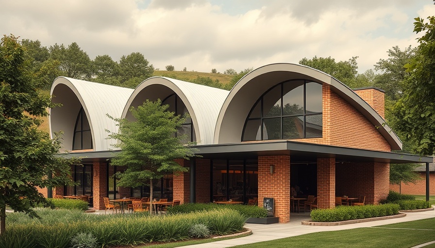 Sōko Restaurant architectural design with curved roofs and brick walls.