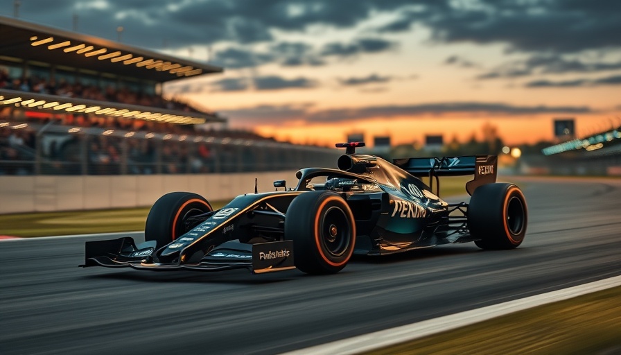 Formula One car racing at dusk on illuminated track