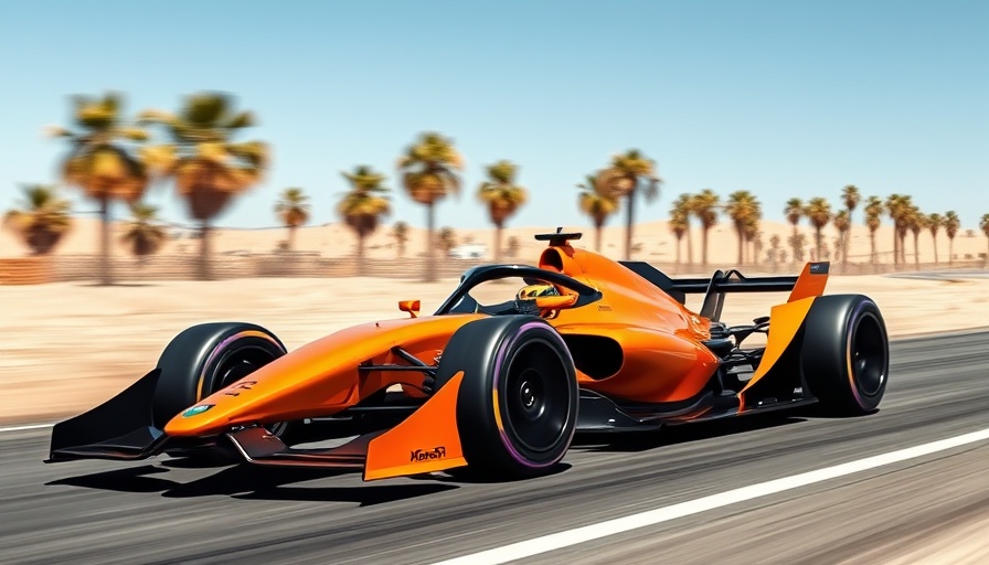 McLaren Formula 1 car speeds on Bahrain track with palm trees.