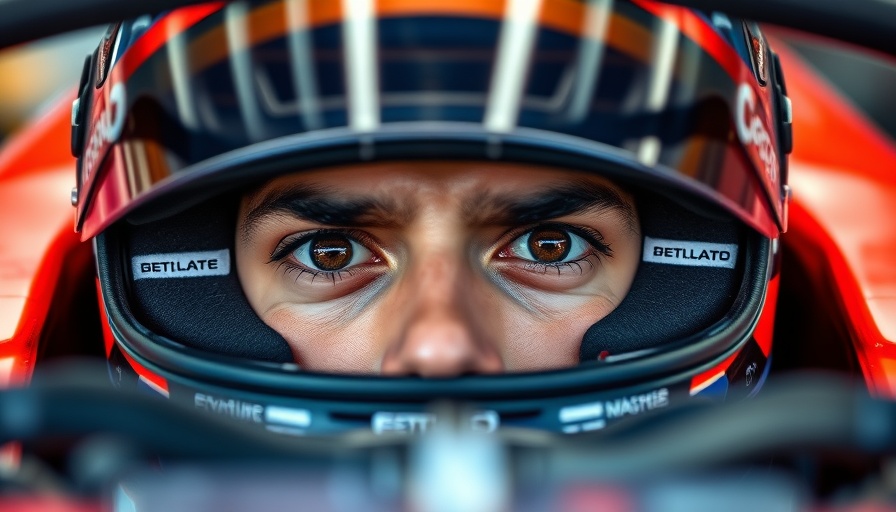 F1 driver's intense gaze, highlighting focus in cockpit.
