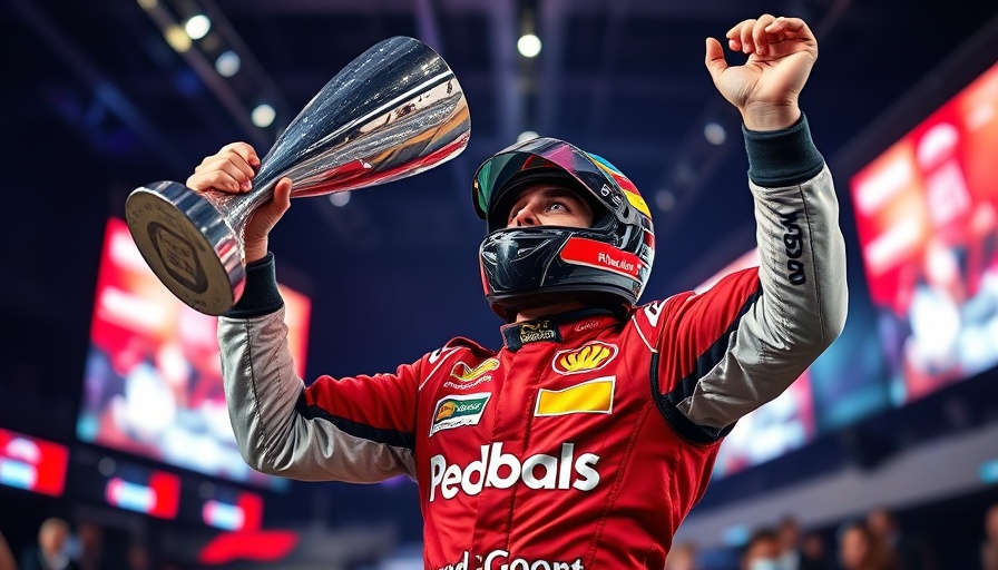 Formula 1 driver celebrating victory with trophy, George Russell DRS infringement context.