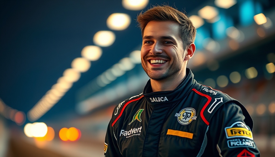 Formula One driver smiling in black racing suit at racetrack.