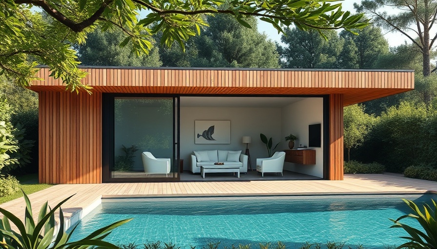 Modern pool house design in Australia with wooden facade and garden.