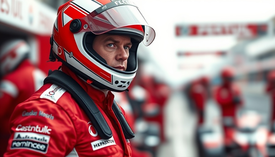 Race car driver in red suit with blurred background, Ferrari grip issues.