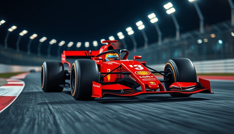 Sleek red Formula One car racing on track at night.