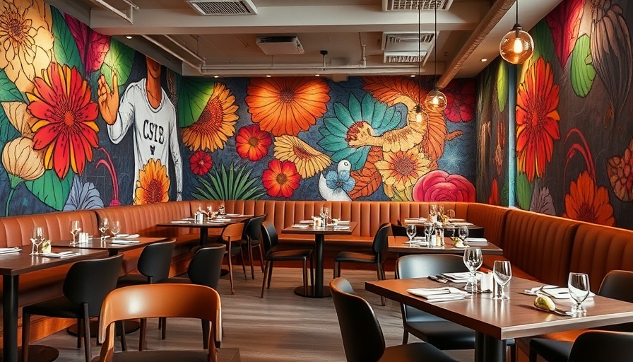 Modern Lebanon restaurant design with mural and seating