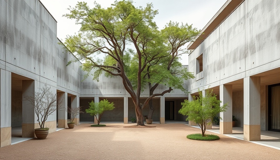 Casa Soskil architecture featuring serene courtyard with modern design surrounded by trees.