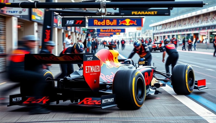 Red Bull Racing pit stop during race, showcasing team efficiency.