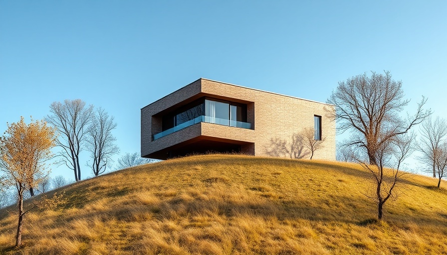 Modern geometric Grecov House architecture with brick design on a hill