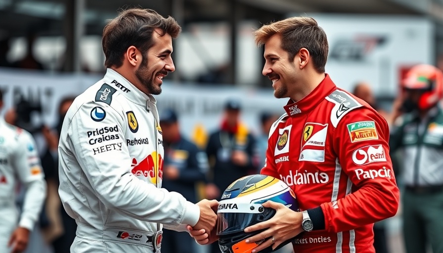 Two Formula 1 drivers, one holding a helmet, greet each other warmly at a race event, showcasing Red Bull Jeddah performance.