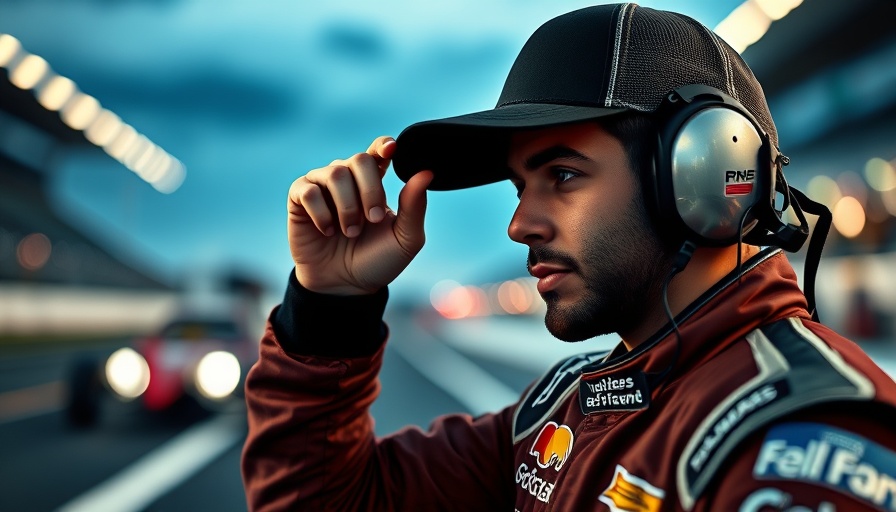 Formula One driver adjusting cap on track with blurred lights.