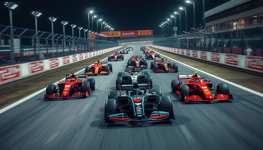 Formula One Grand Prix cars racing under bright lights.