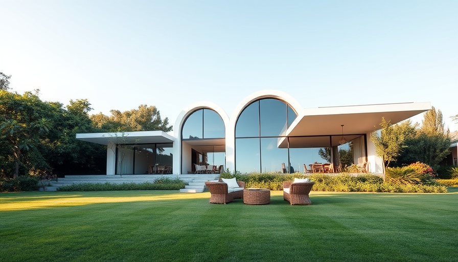 Whispering Arc House with garden and wicker furniture.