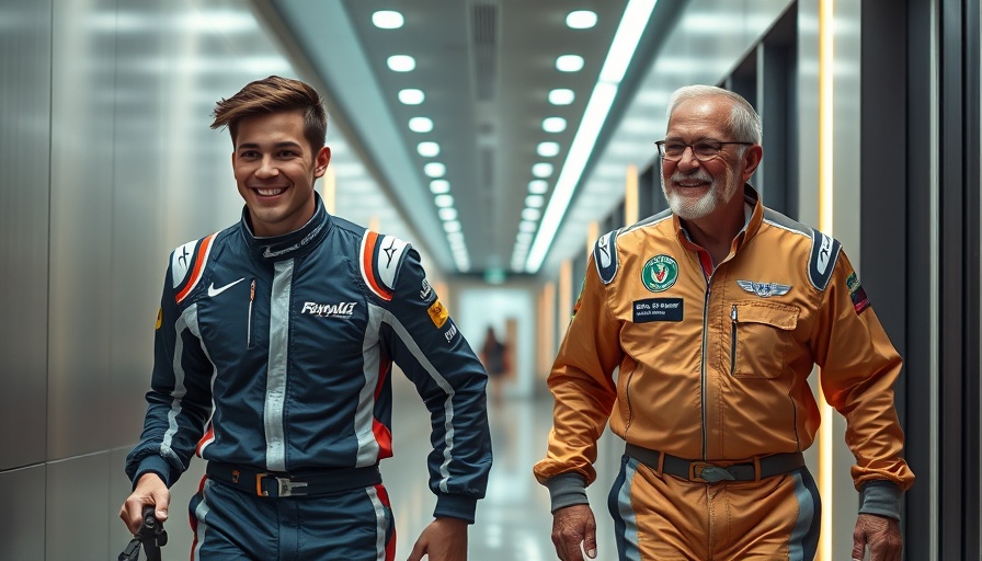 Formula One team members in racing attire walking and smiling.