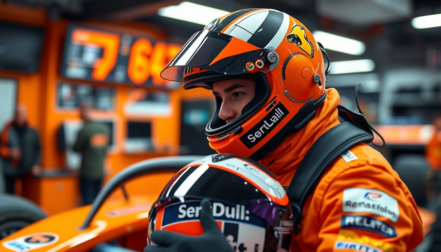 Formula One driver preparing in garage, holding helmet.
