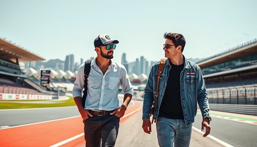 Casual chat on Formula 1 Saudi Arabian Grand Prix track with cityscape backdrop.