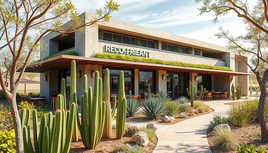 Sustainable restaurant design with desert plants and modern structure.