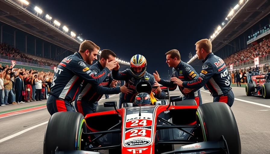 Formula one team celebrating on race track