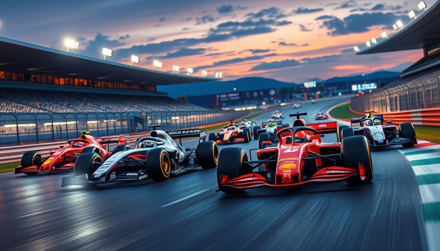 Formula One race cars competing at night under lights, emphasizing a fast-paced race.