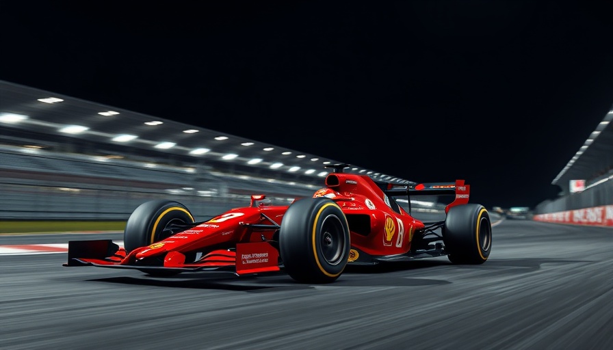 Red Ferrari F1 in motion during Formula One race.