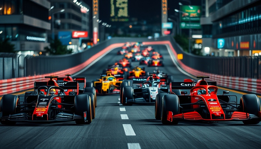 Formula One cars competing on an urban racetrack at night, showcasing viewer interest in the sport.