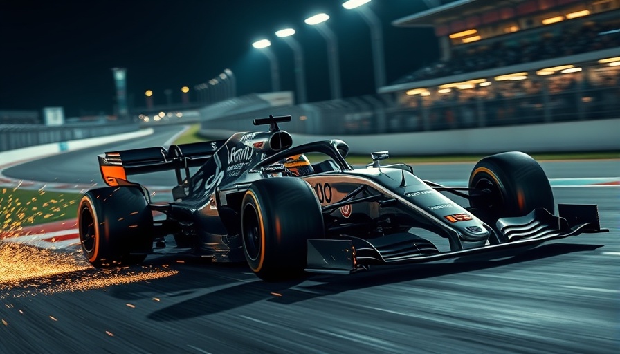 Formula One car racing at night with sparks flying