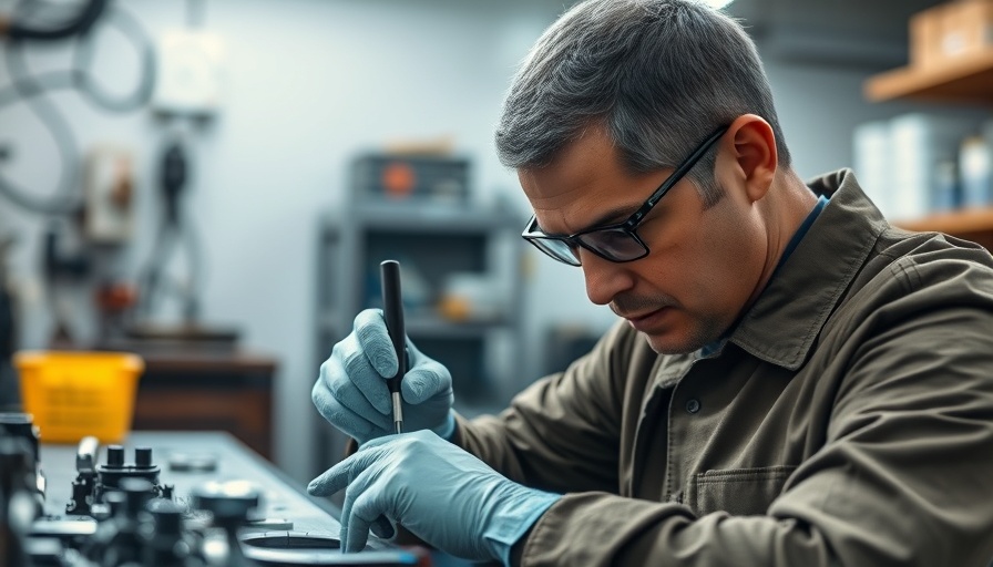 Technician focused on precision work in workshop, Formula 1 context.
