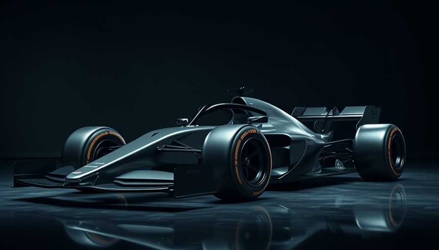 Sleek modern Formula 1 car with GM branding in dim studio.