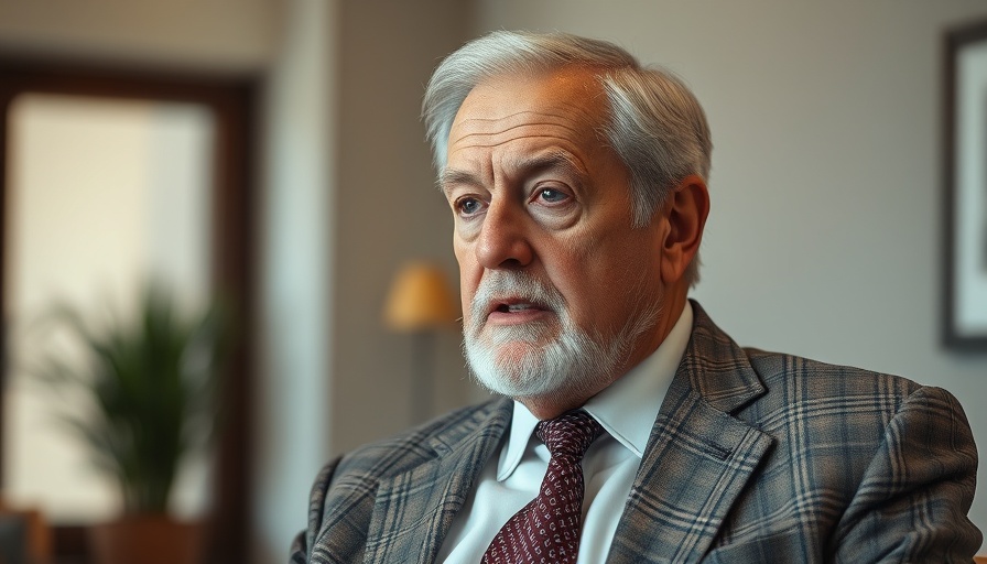 Distinguished older man speaking, soft blurred background.