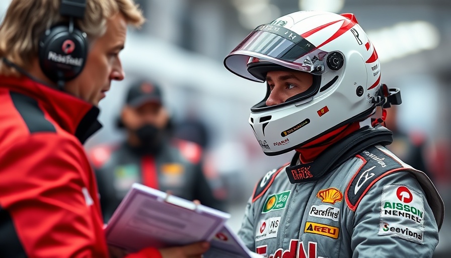Formula One driver in racing gear talks to team member at track.