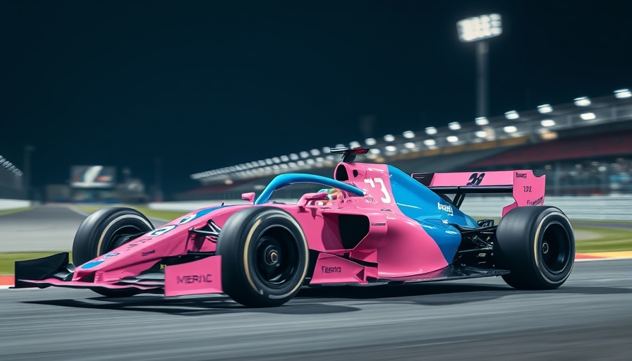 Modern Formula 1 car racing under floodlights.
