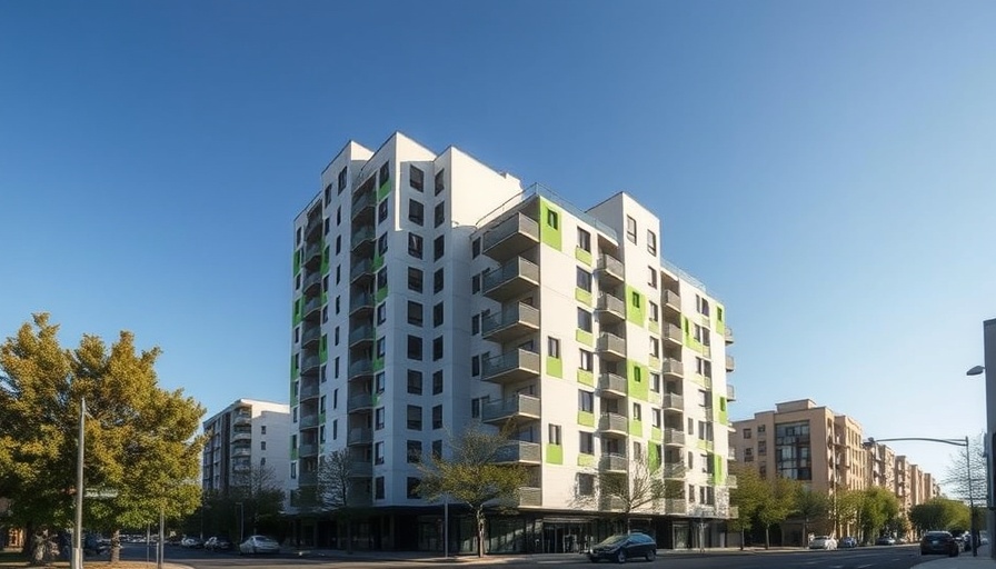 Modern public housing units in Madrid with green accents and clear sky.