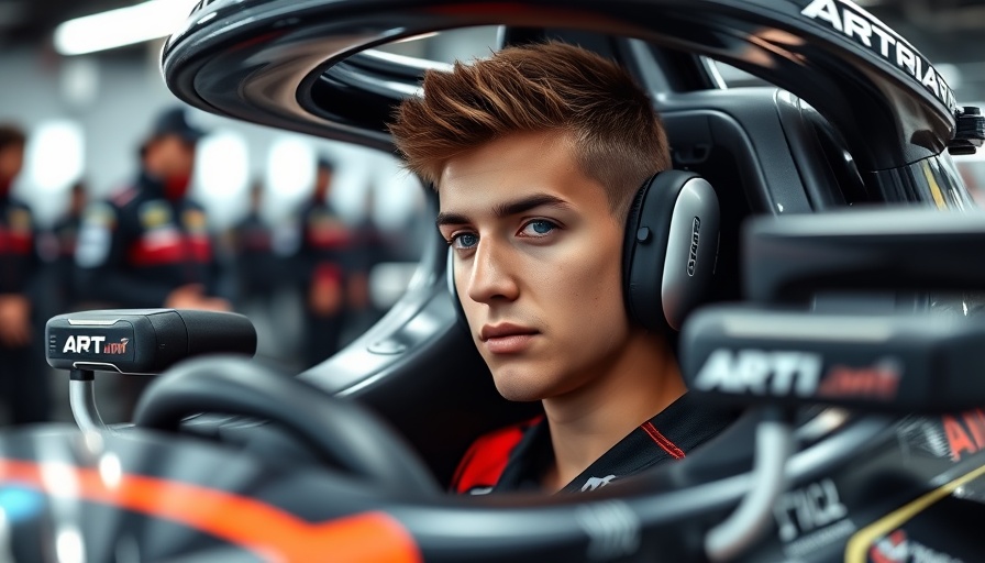 Young male in Formula One car with focused expression.