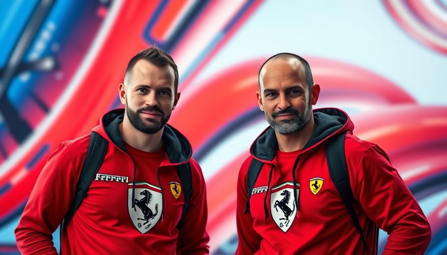 AI-Defined Ferrari Livery for Miami Grand Prix, men in Ferrari-themed shirts.
