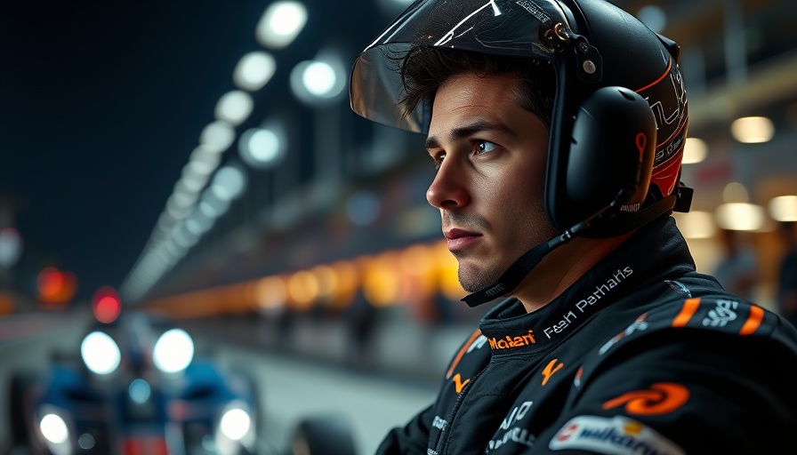 Lando Norris performance in Formula One, thoughtful under race lights.