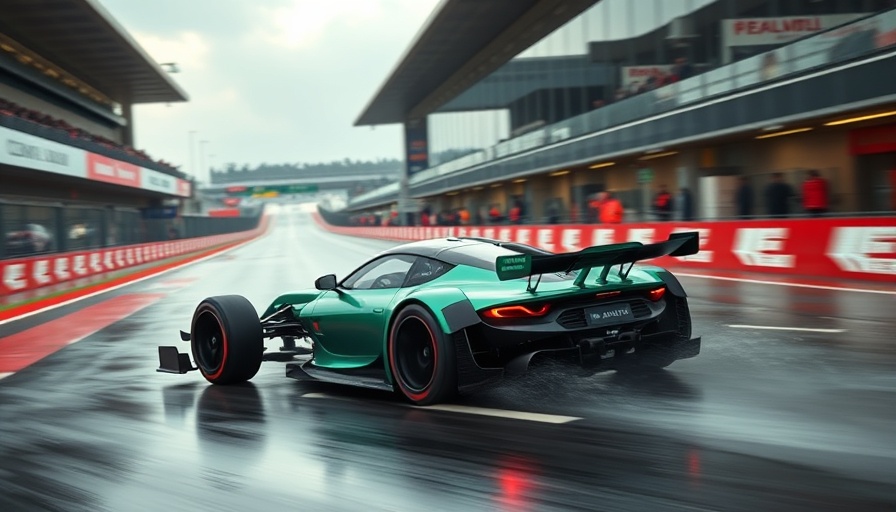 Aston Martin F1 car at speed using wind tunnel technology on wet track.