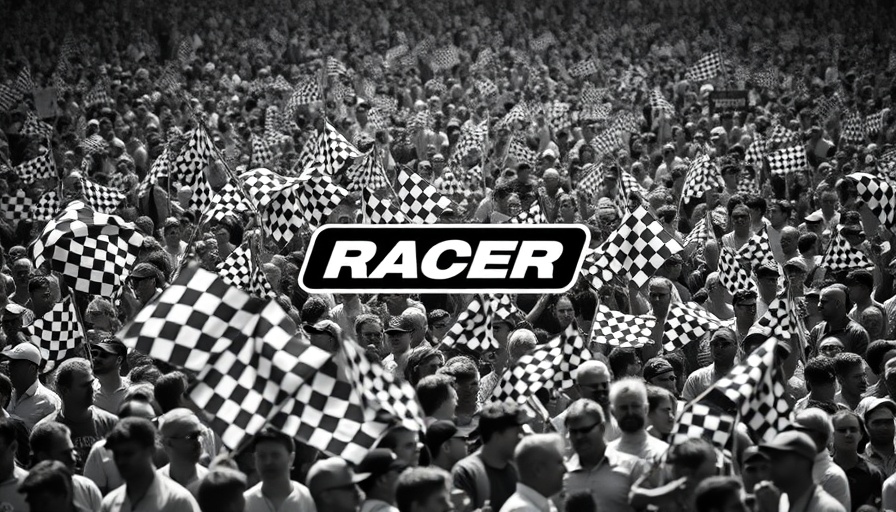 Racer Mailbag logo over a racing event crowd featuring checkered flags.