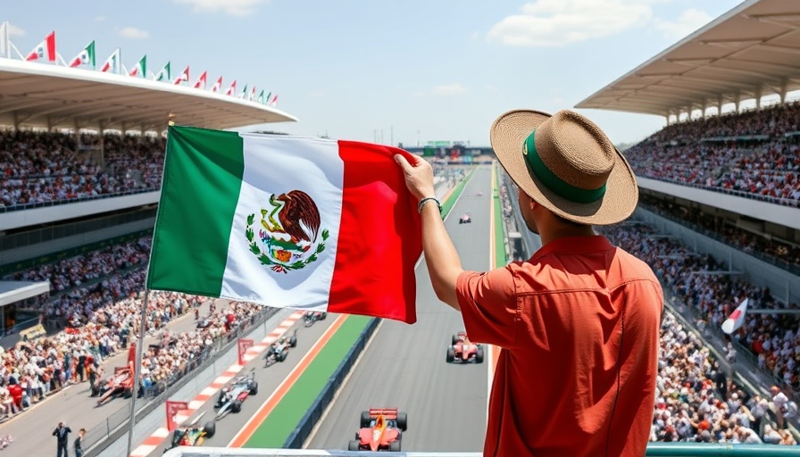 Crowded Mexico City Grand Prix with fan waving flag.