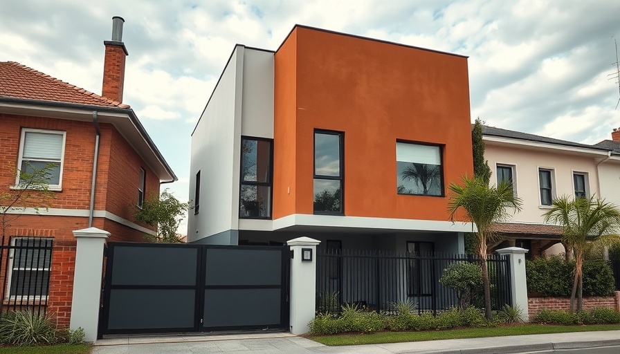Modern In-Between House architecture with terracotta facade and large windows.