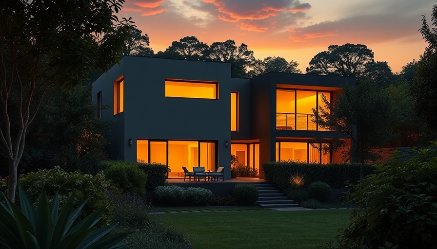 Modern architecture retreat with glowing windows at dusk surrounded by greenery.