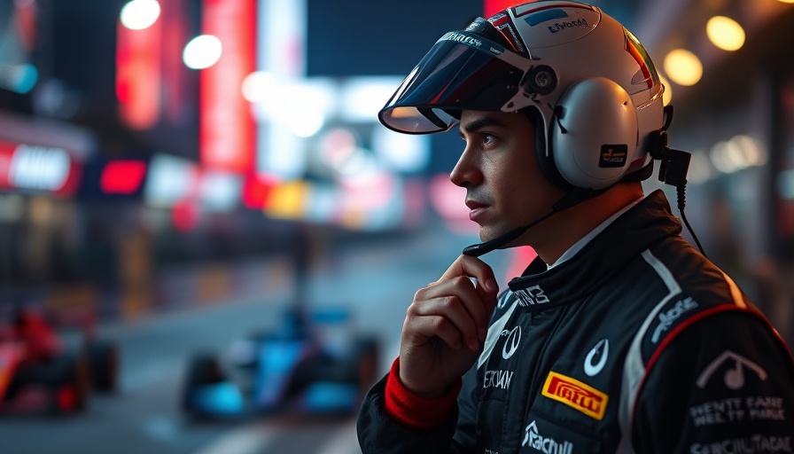 Hamilton struggles in Formula One, adjusting earpiece while walking at night.